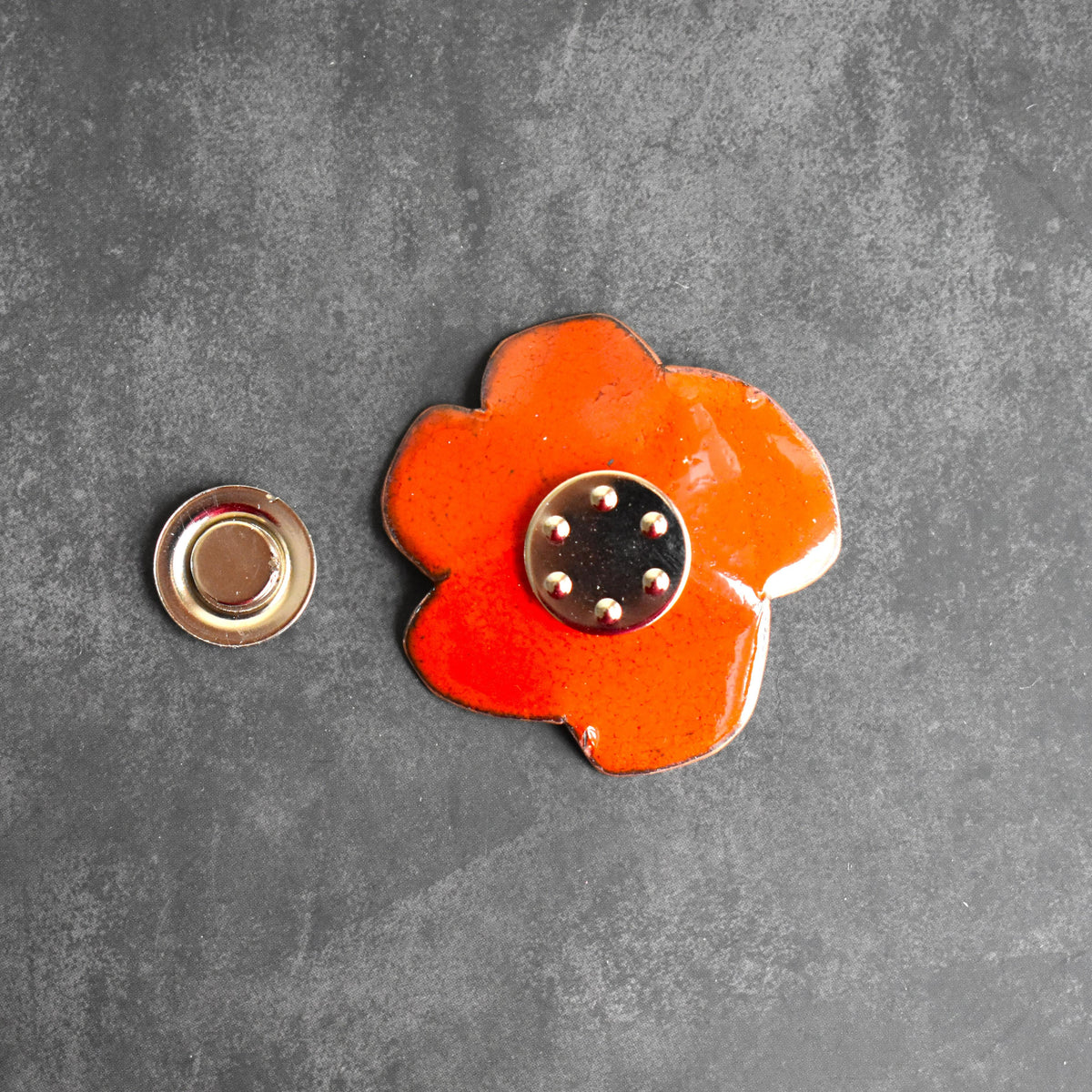 Enamelled copper poppy brooch with magnetic fastening