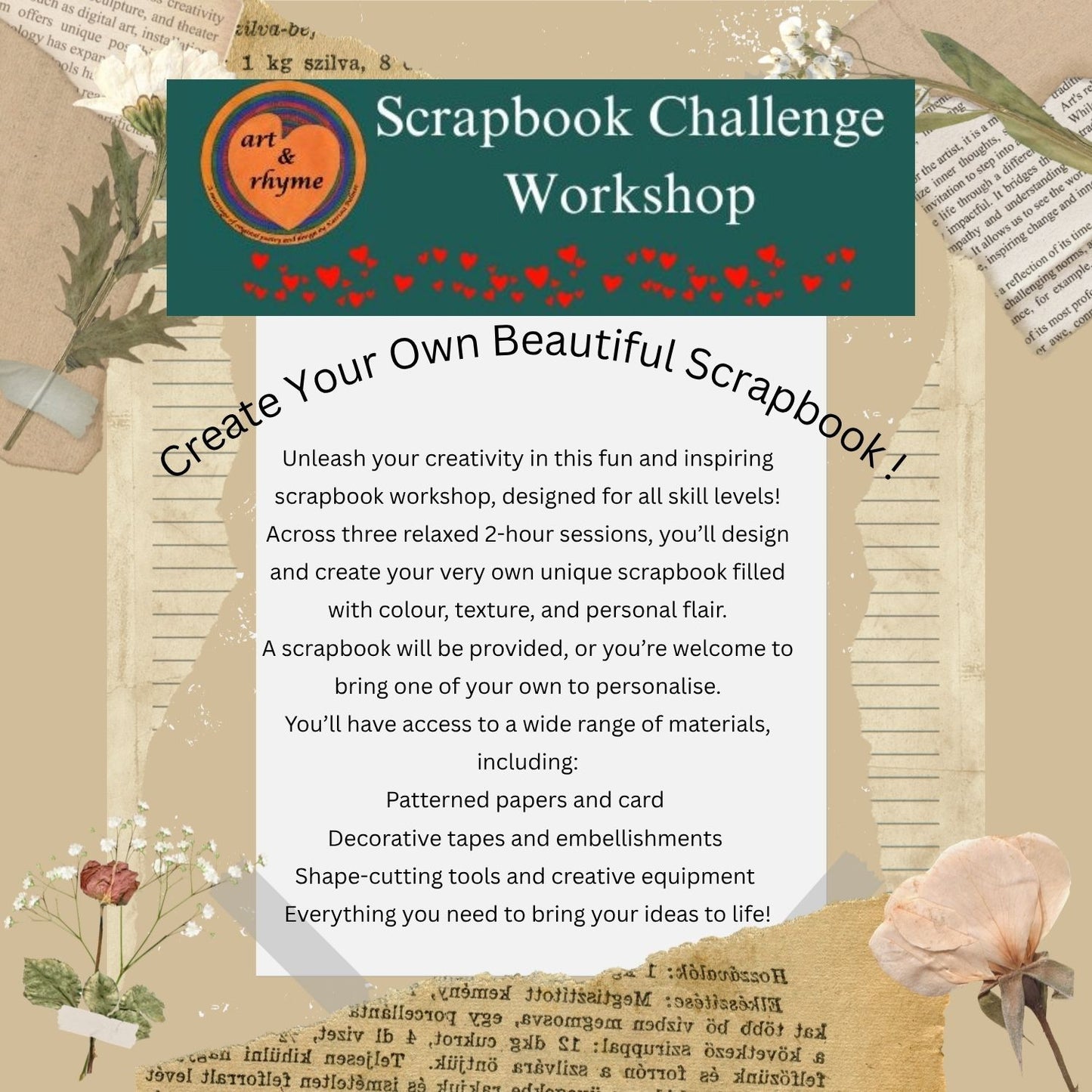 Scrapbook Challenge workshop - Thurs 3rd, 10th & 17th Sept 2026, 18:30-20:30