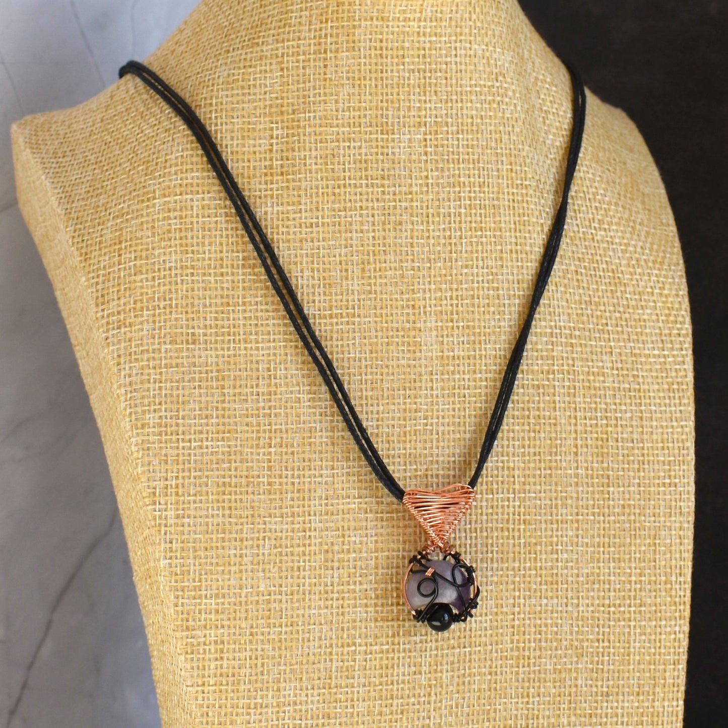 Copper wire necklace with Amethyst and Black Tourmaline