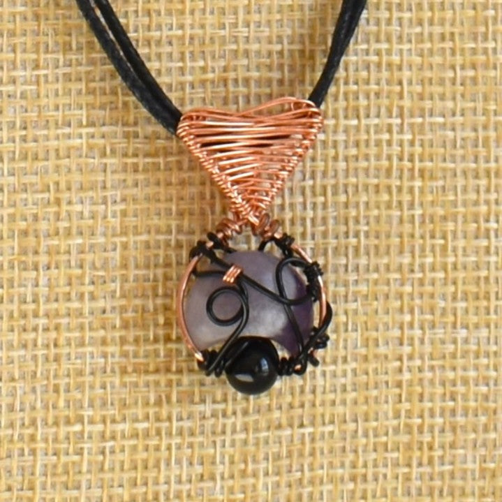 Copper wire necklace with Amethyst and Black Tourmaline