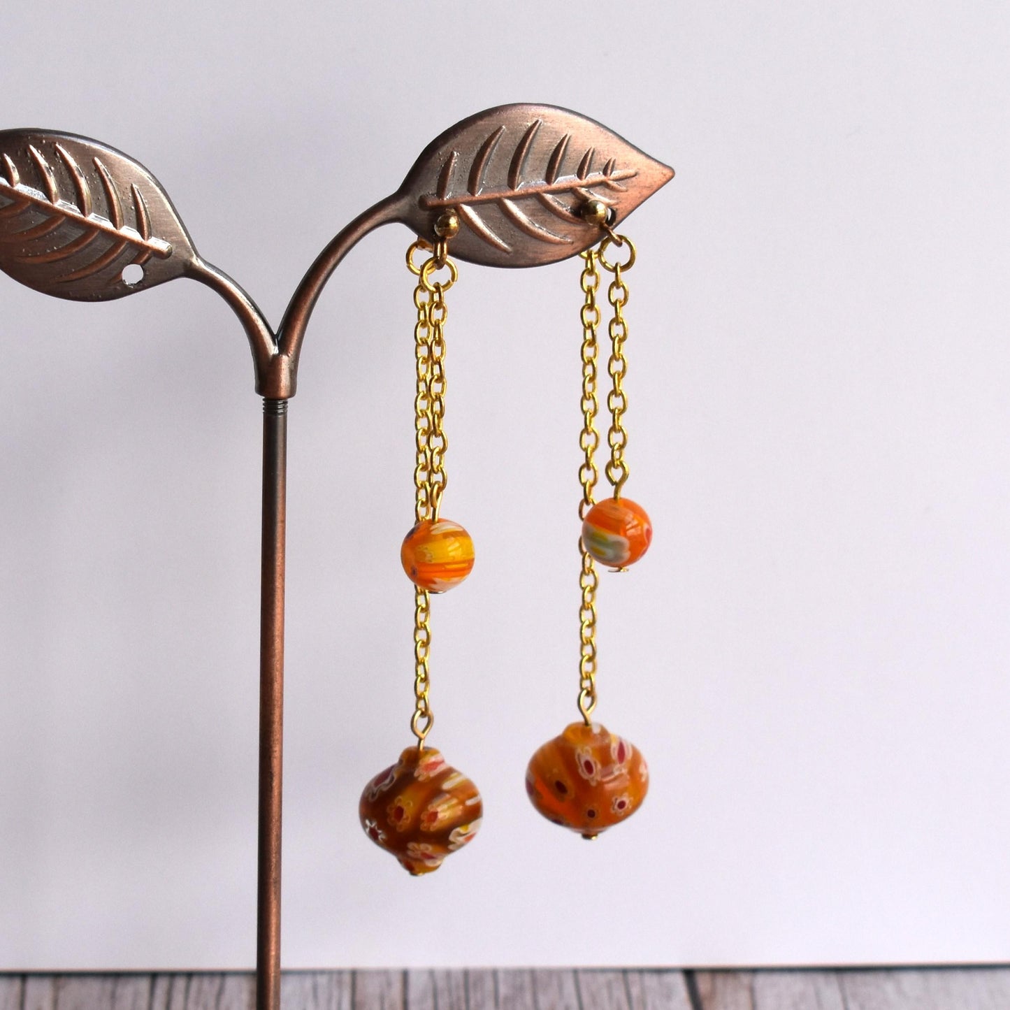Double drop coloured bead gold-plated stud earrings