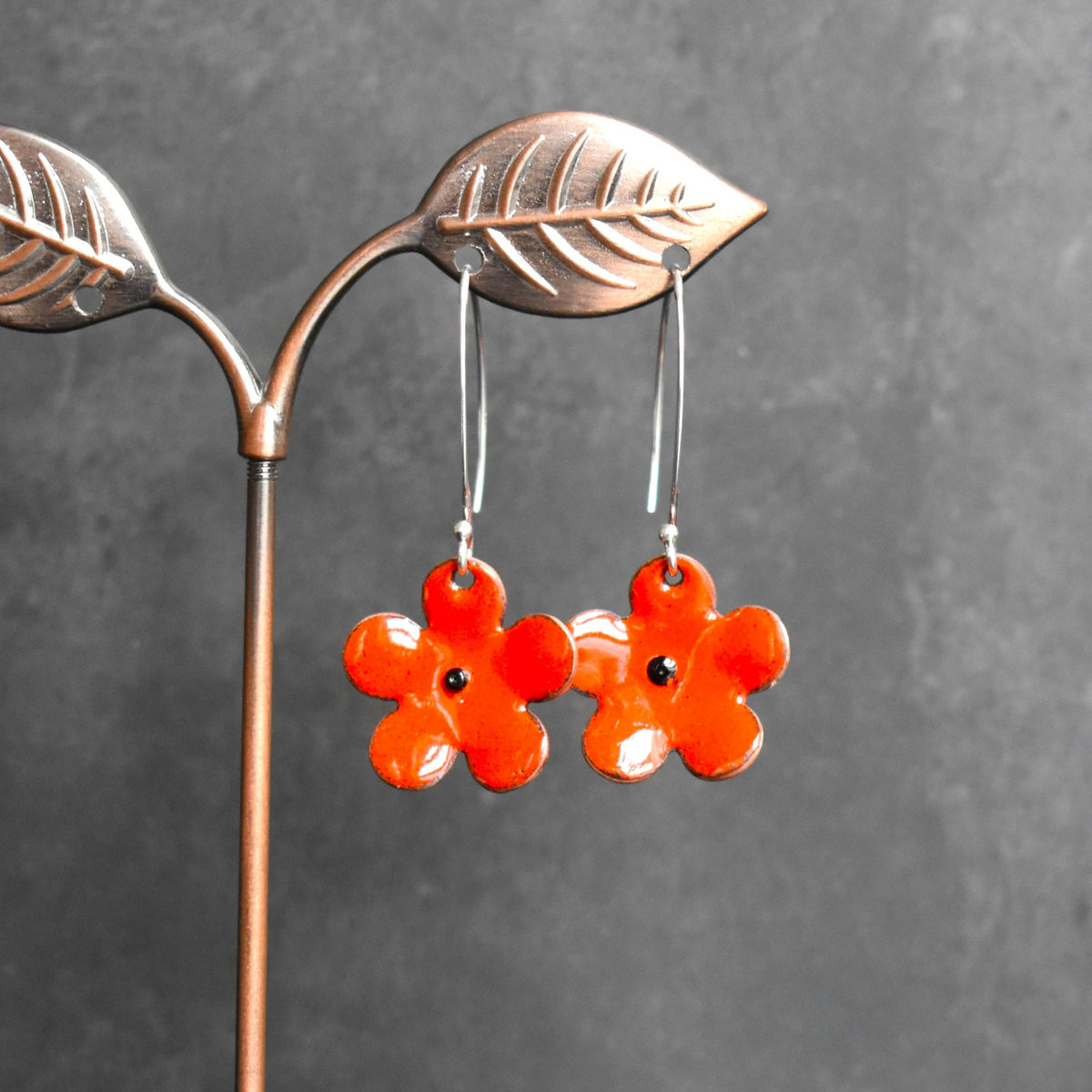 Enamelled copper poppy earrings