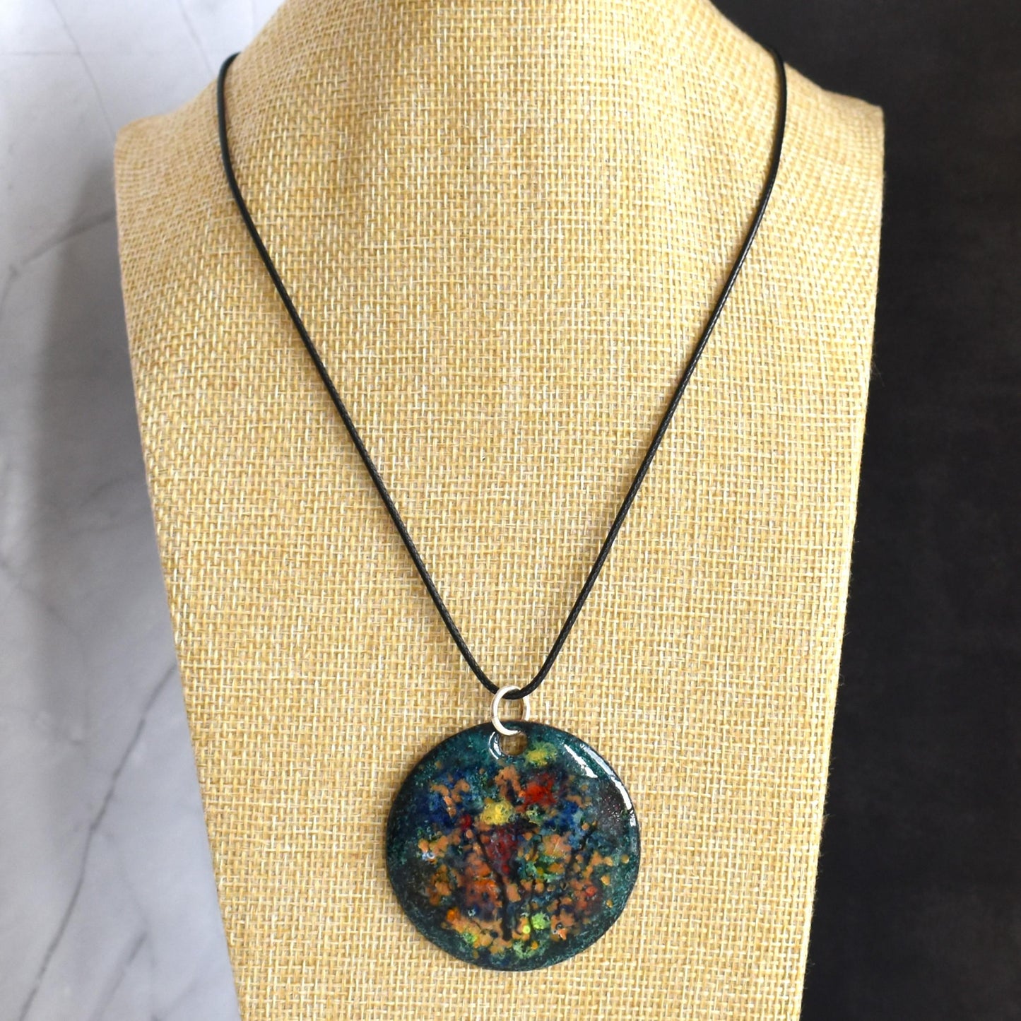 Enamelled copper pendant - turquoise abstract design