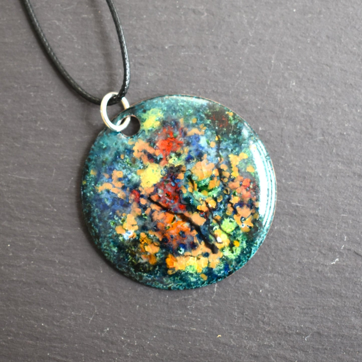Enamelled copper pendant - turquoise abstract design