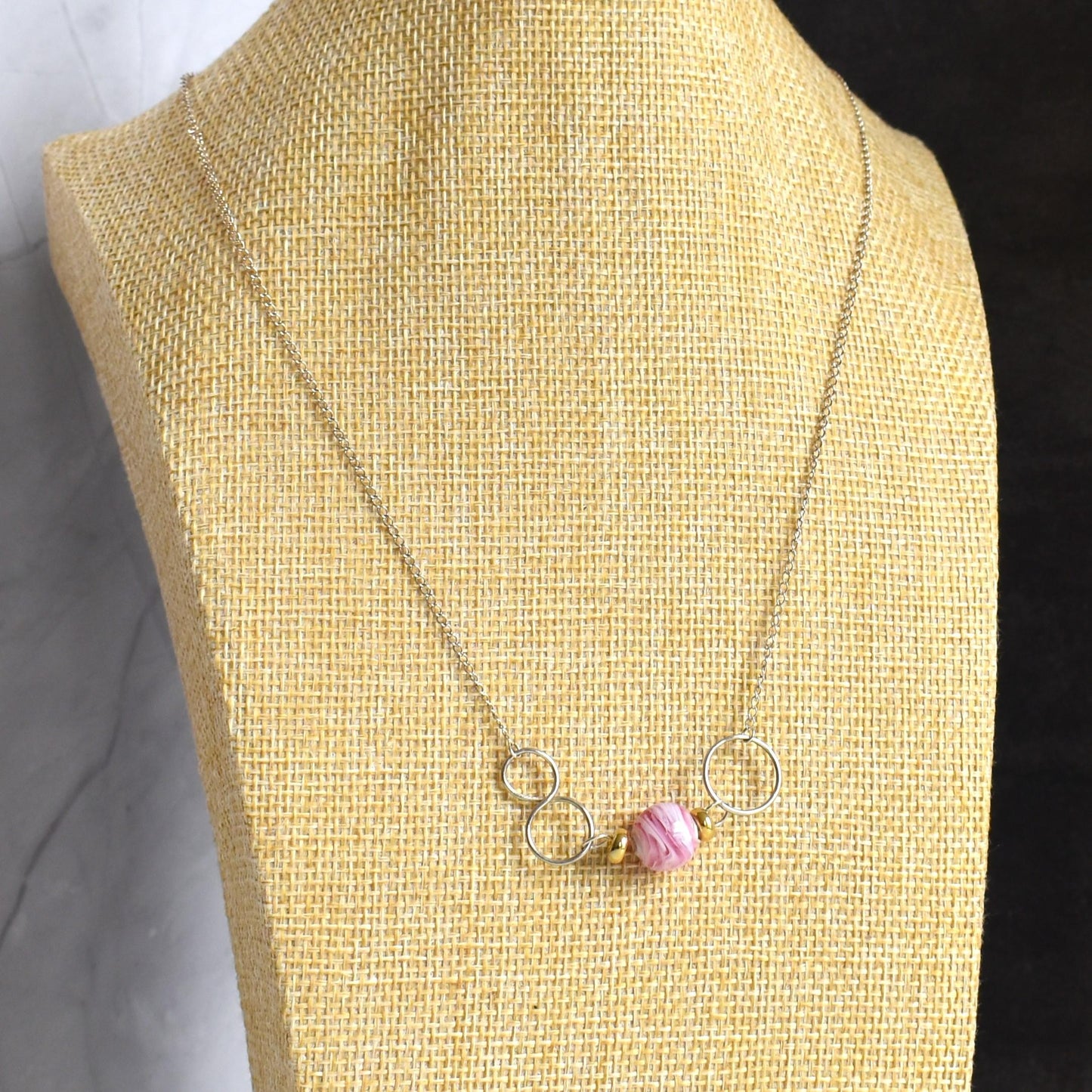 Pink bead necklace with silver loops
