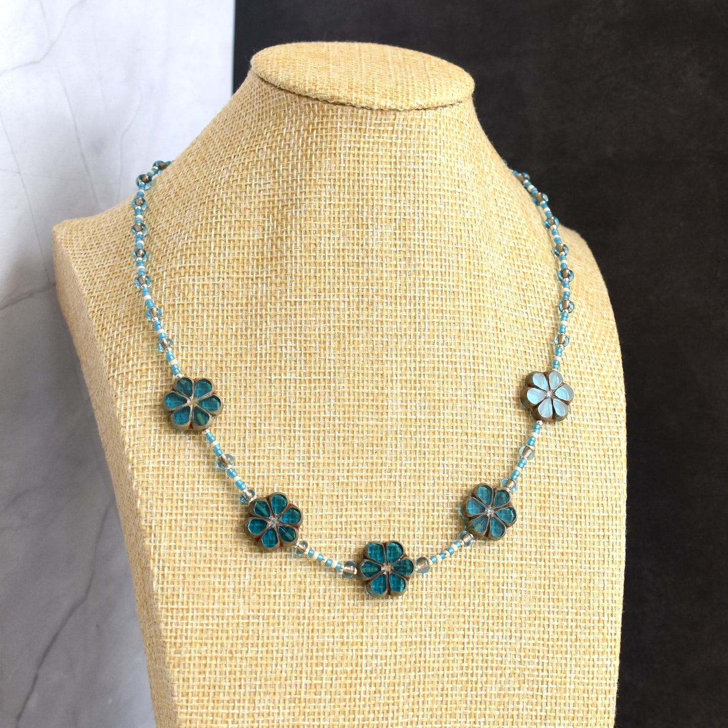 Blue table cut glass flower necklace