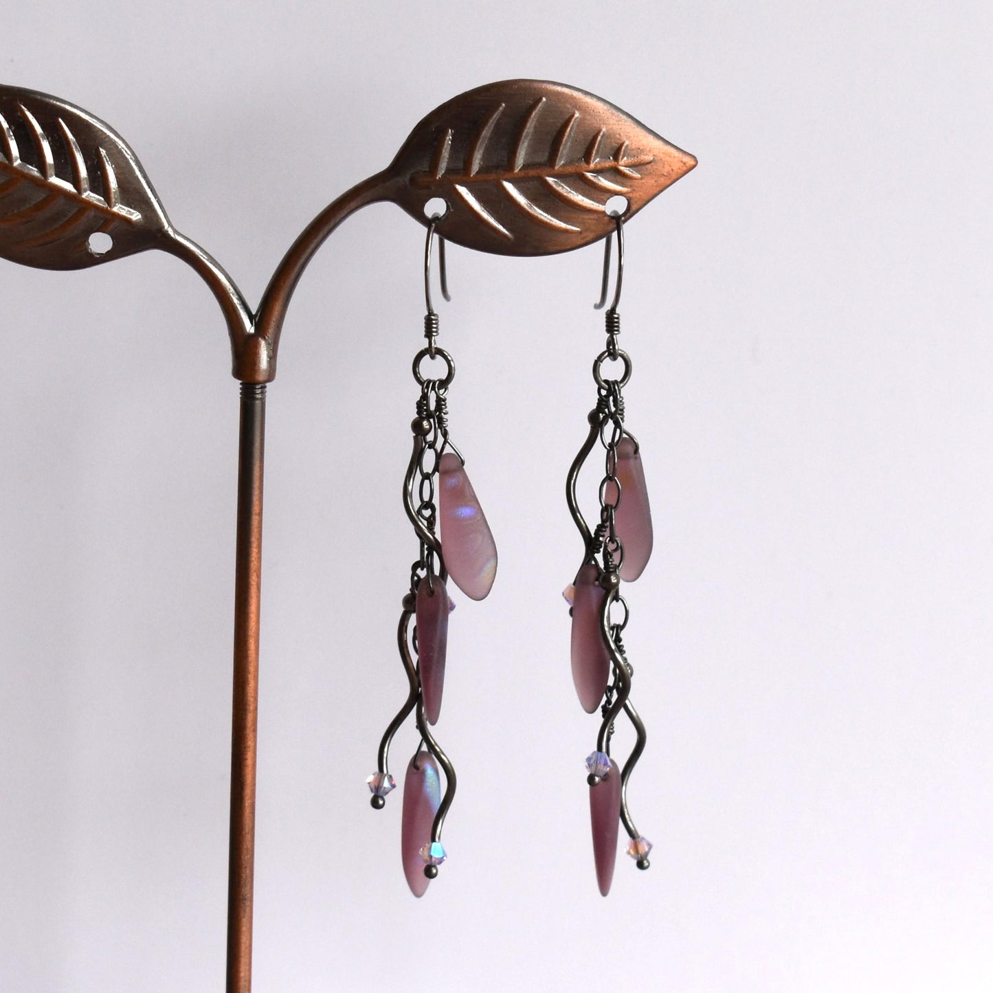 Diamond-shaped peach silver foiled lampwork bead earrings with Swarovski crystals