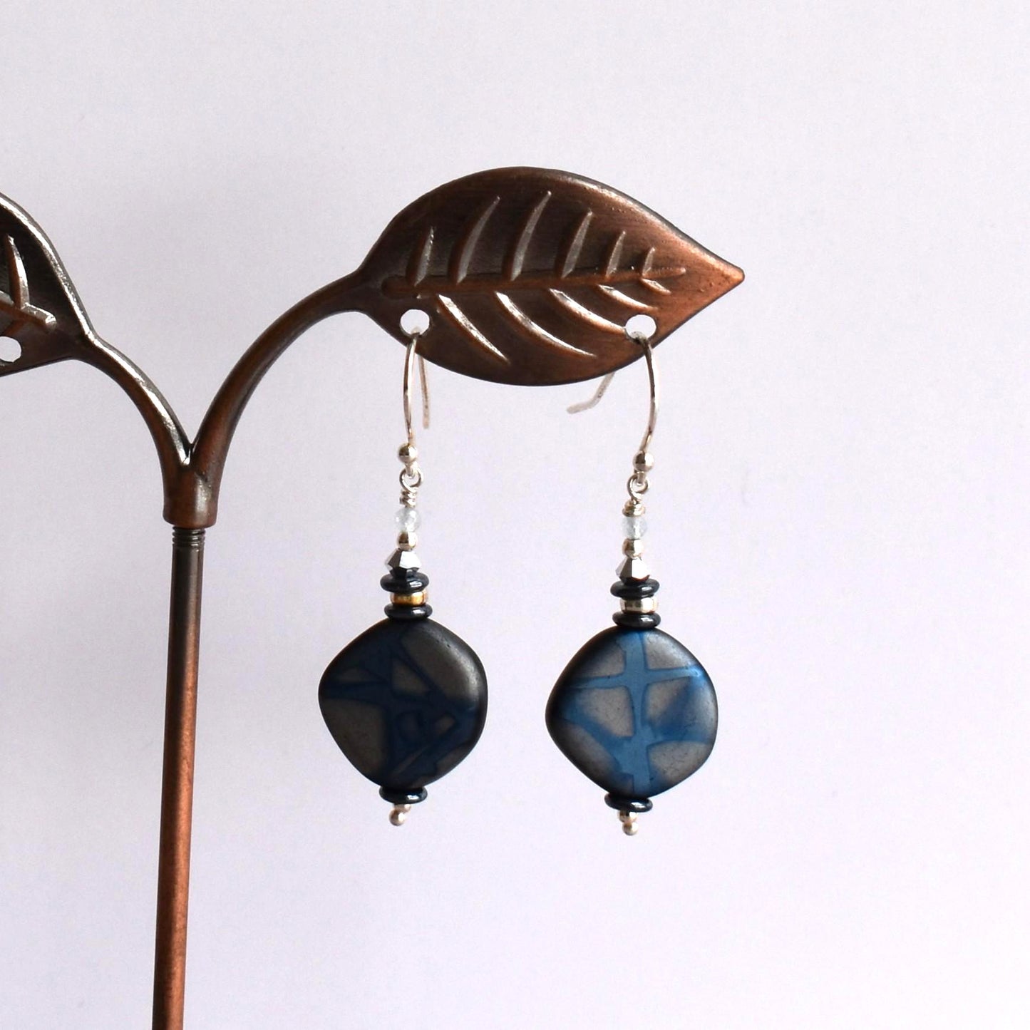 Blue/silver batik glass earrings with Swarovski crystals & laboradite gemstone
