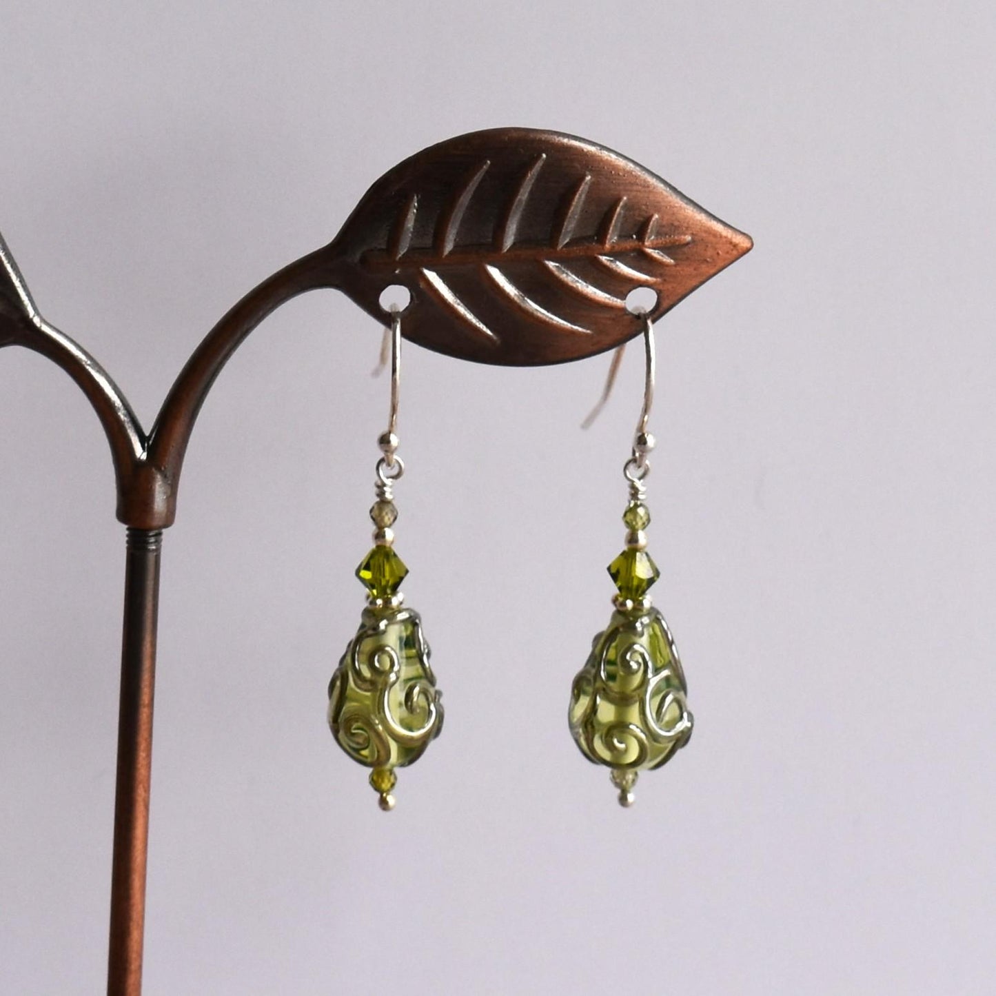 Green lampwork bead earrings with filigree pattern, Swarovski crystals & chalcedony gemstones