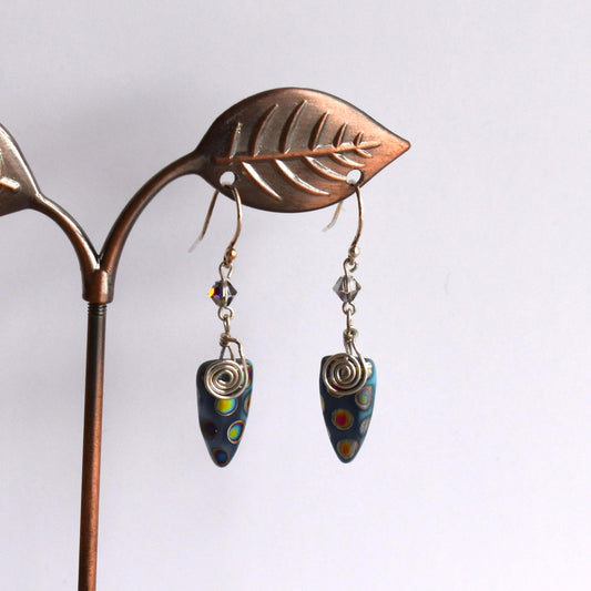 Spotty blue 'sharks tooth' earrings with hand wrapped silver coil & Swarovski crystals