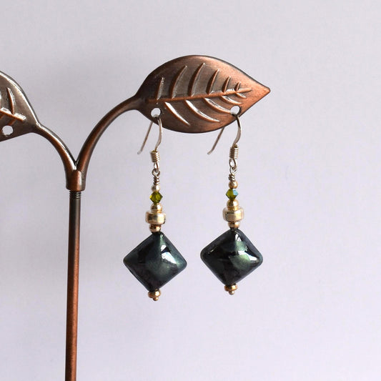 Camouflage glass lampwork bead earrings with Swarovski crystals