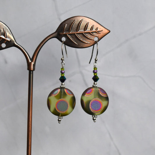 Moss green & pink Czech glass earrings