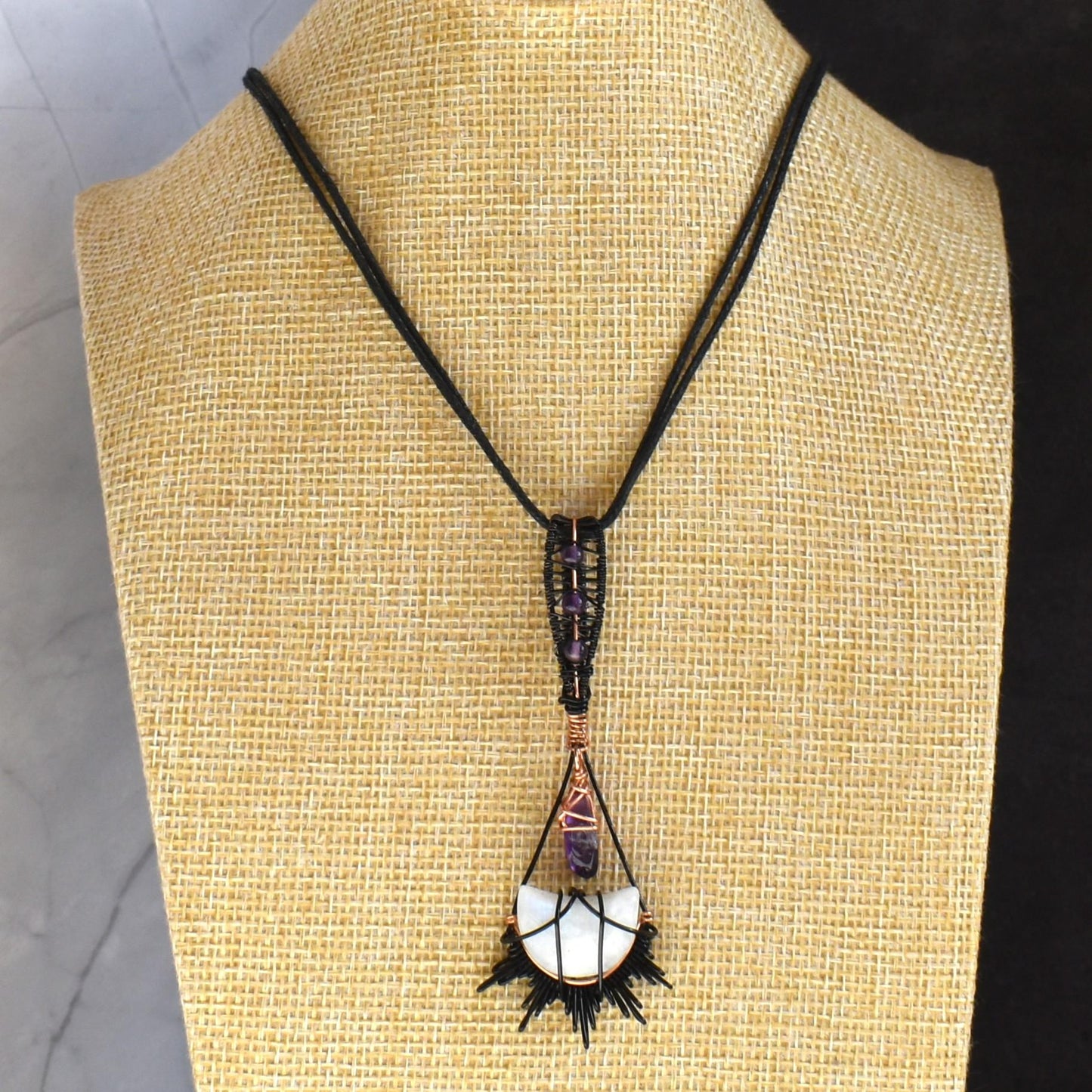 Copper and black wire necklace with Moonstone and Amethyst