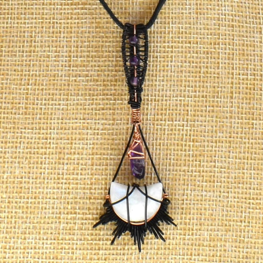 Copper and black wire necklace with Moonstone and Amethyst