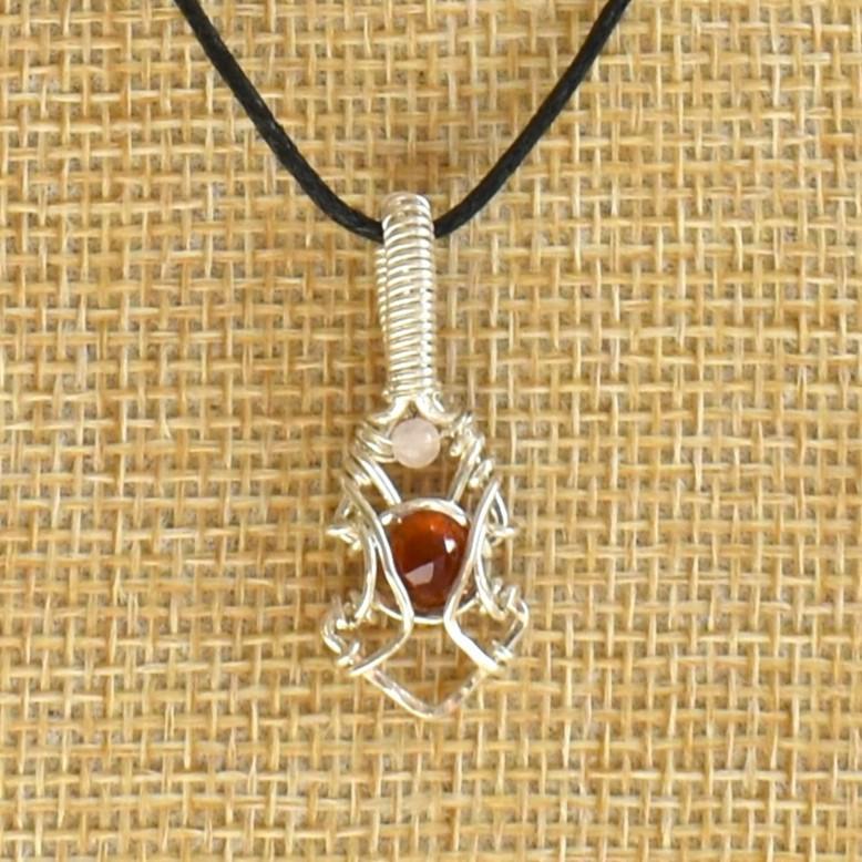 Silver wire necklace with Red Garnet and Rose Quartz
