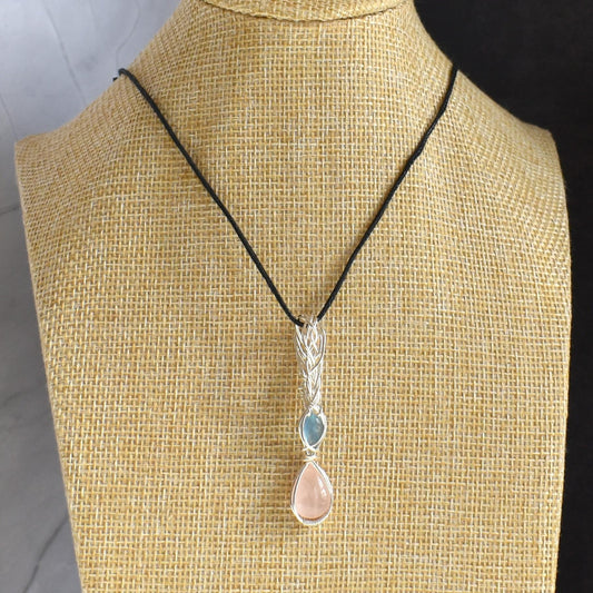 Silver wire necklace with Rose Quartz and Aquamarine