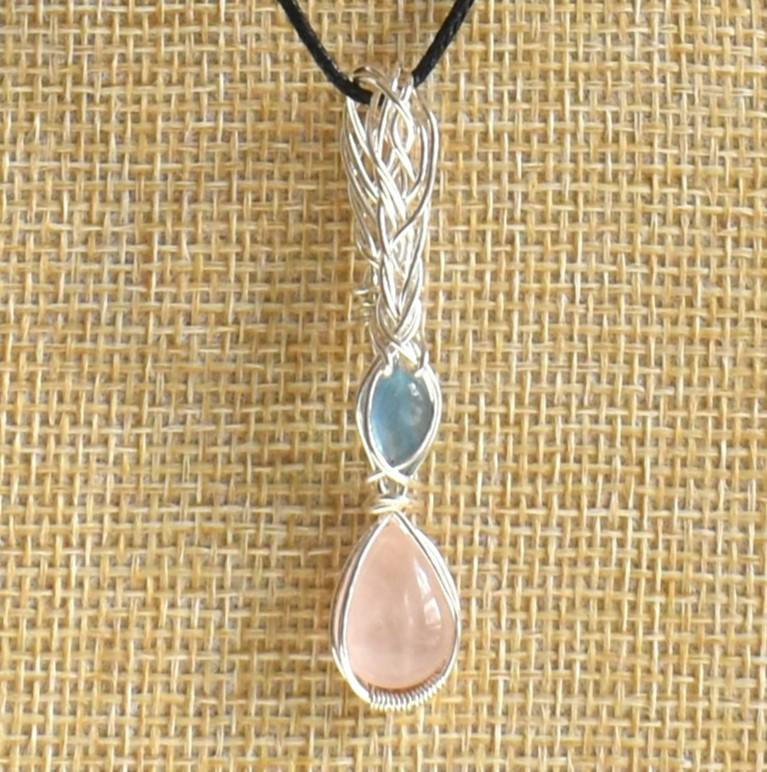 Silver wire necklace with Rose Quartz and Aquamarine
