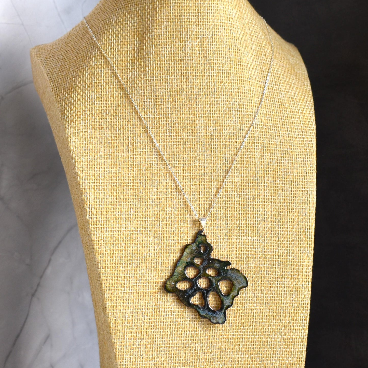 Enamelled copper pierced pendant necklace