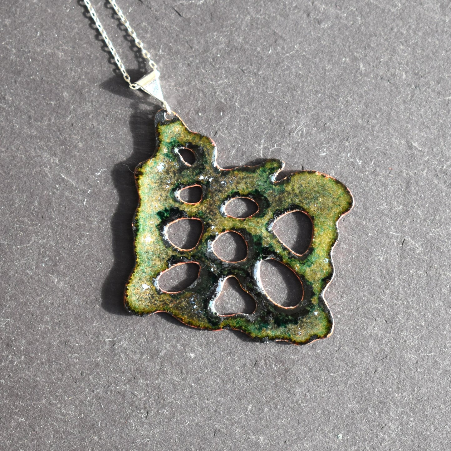 Enamelled copper pierced pendant necklace