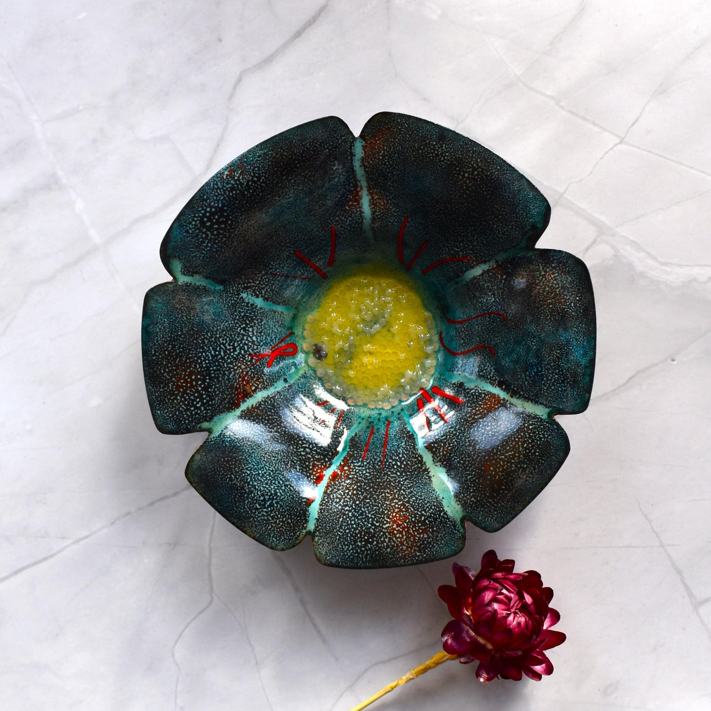 Large enamelled copper flower dish
