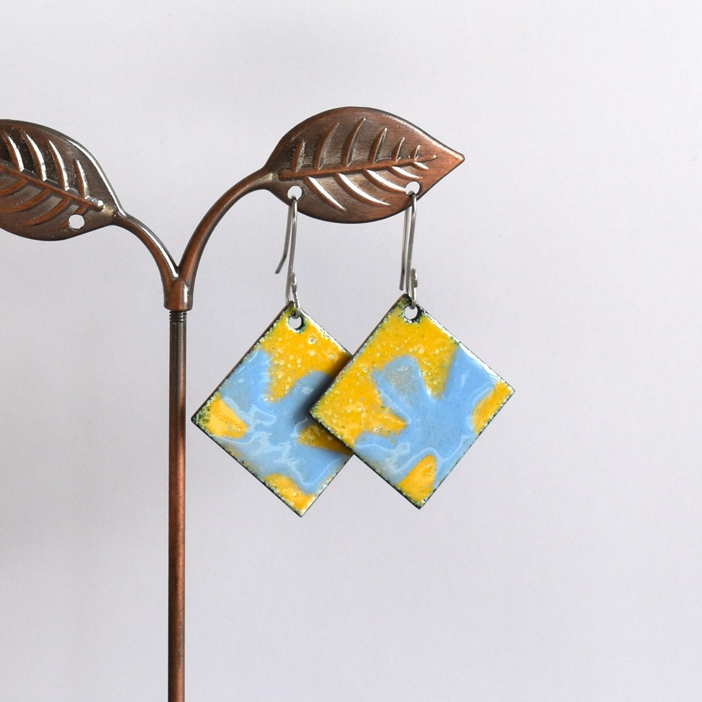 Yellow square stencil enamelled copper earrings